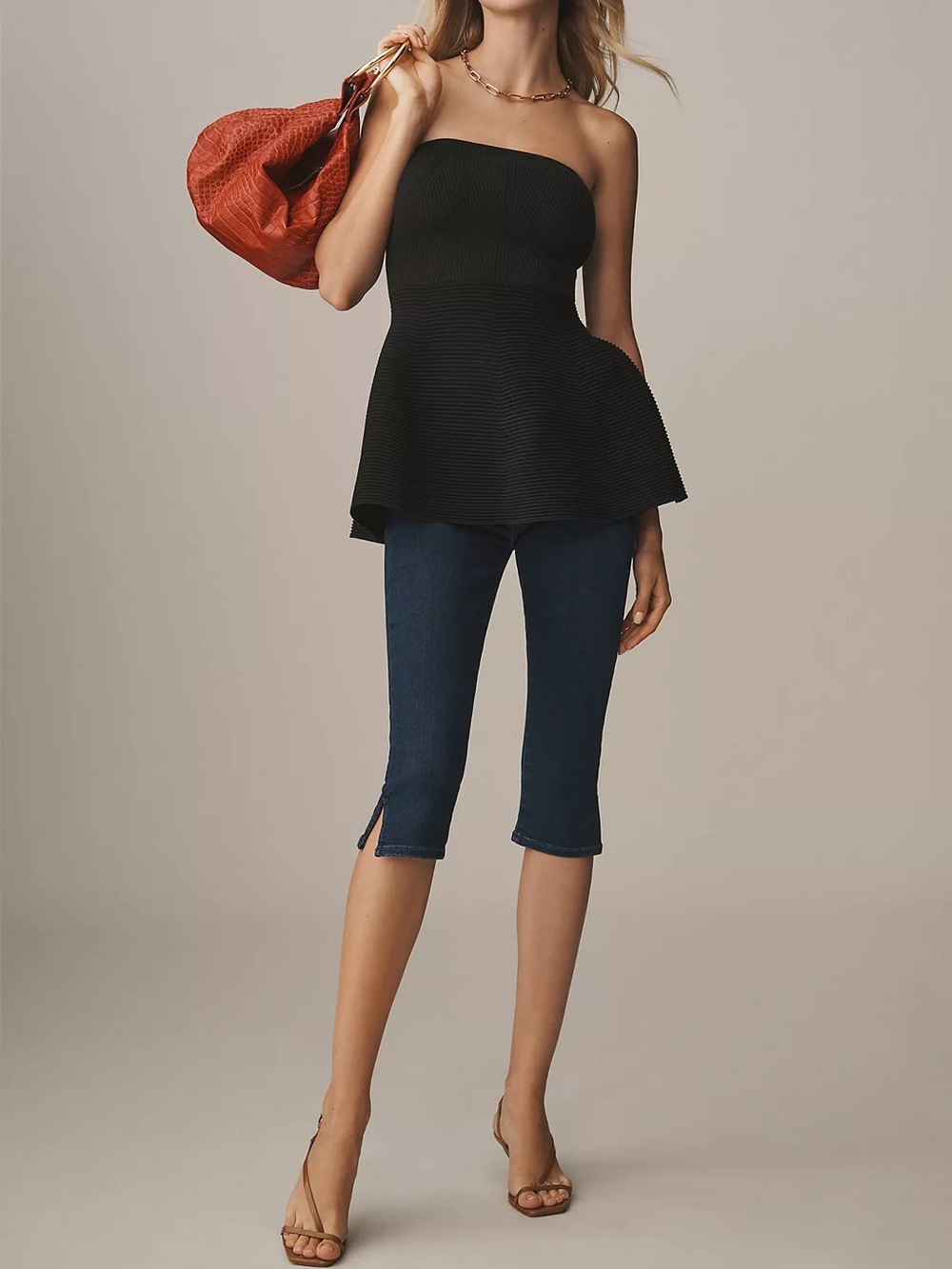 Maeve Anthropologie Black Strapless Peplum Knit Top S Quiet Luxury